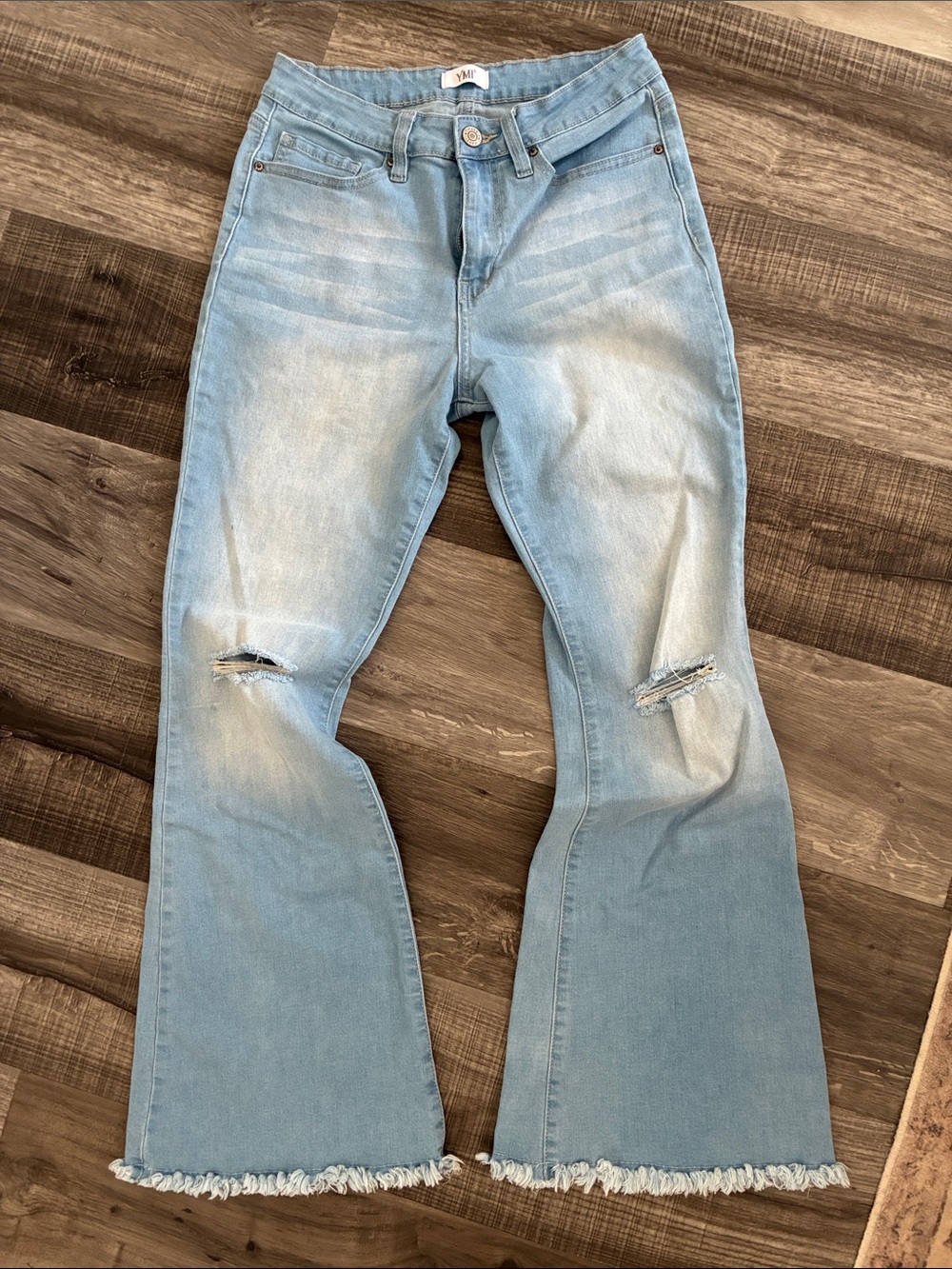 Light Wash Flare Jeans with Frayed Hem